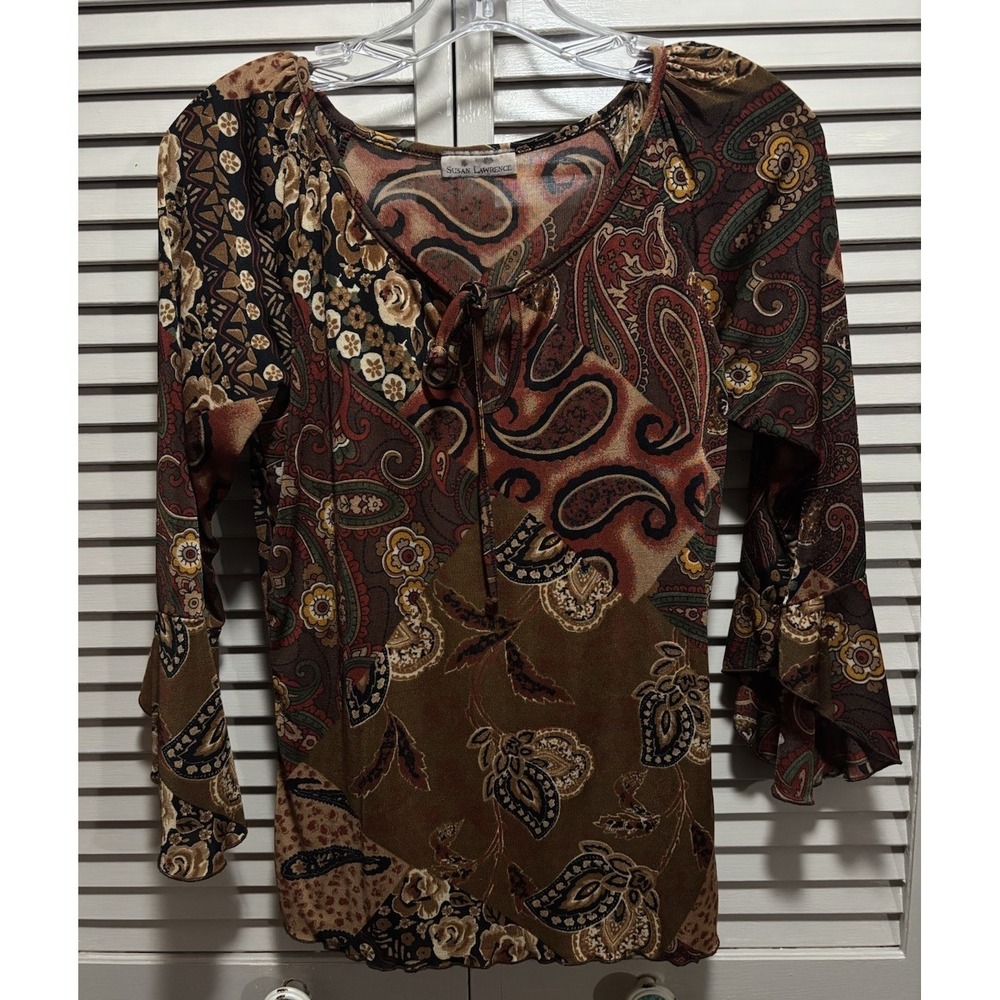 Susan Lawrence Paisley 3/4 Bell Sleeve Blouse Size M Scoop/Tie Neck Boho